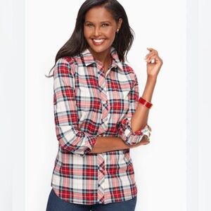 Talbots Petite plaid button down shirt metallic gold threads SZ PS white red